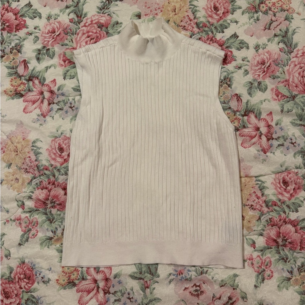 white ribbed mock neck sleeveless sweater vest